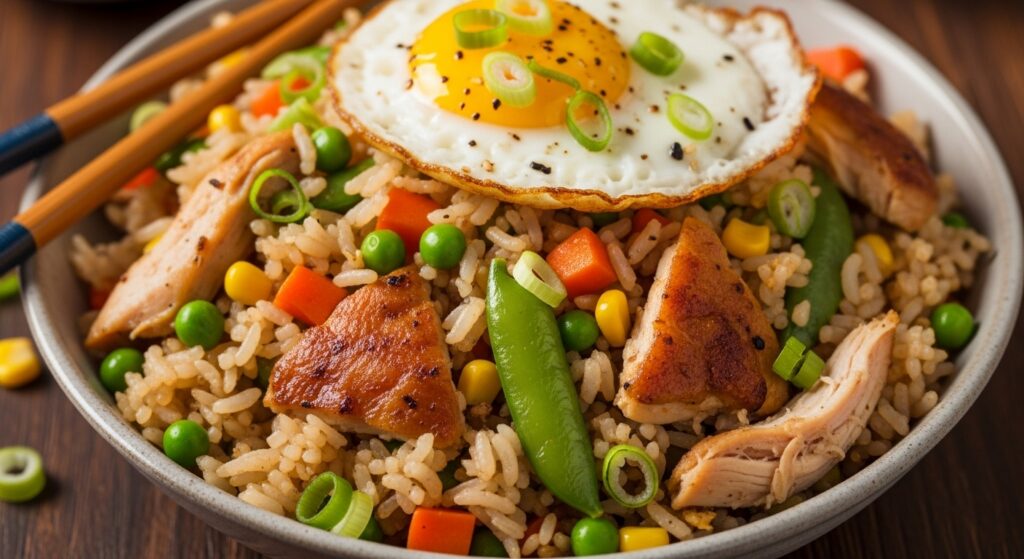 A bowl of easy leftover rotisserie chicken fried rice with vegetables and a garnish of green onions.