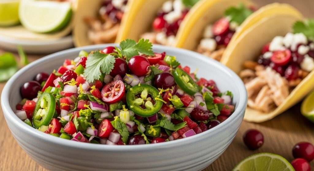 A bowl of fresh, zesty cranberry salsa for turkey tacos.