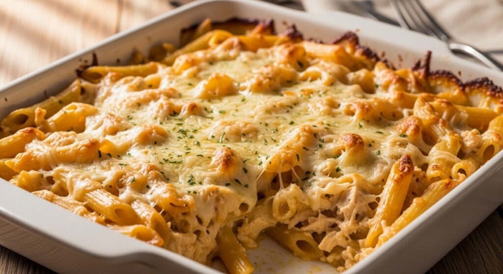 A bubbling, golden-brown leftover chicken Alfredo pasta bake in a baking dish.