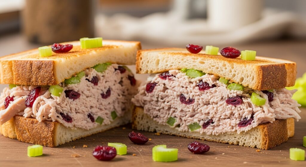 A delicious leftover turkey salad sandwich made with cranberries and celery, cut in half.
