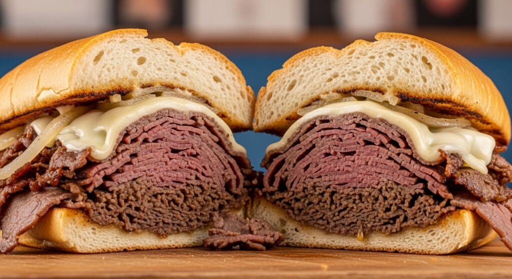 A halved Philly cheesesteak overflowing with thinly sliced leftover roast beef and melted provolone cheese on a toasted bun.