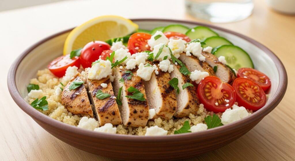 A healthy and colorful Mediterranean chicken quinoa bowl, with cherry tomatoes, cucumber, and feta cheese.