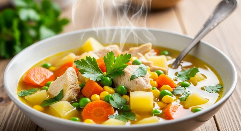A healthy and colorful bowl of leftover chicken and vegetable soup with fresh parsley.