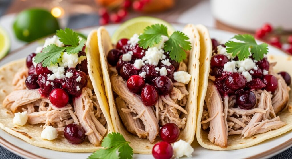 A platter of quick leftover turkey tacos with cranberry salsa and fresh cilantro
