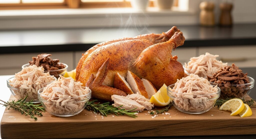 A rotisserie chicken on a cutting board, separated into bowls of shredded white meat and dark meat for easy meal prep