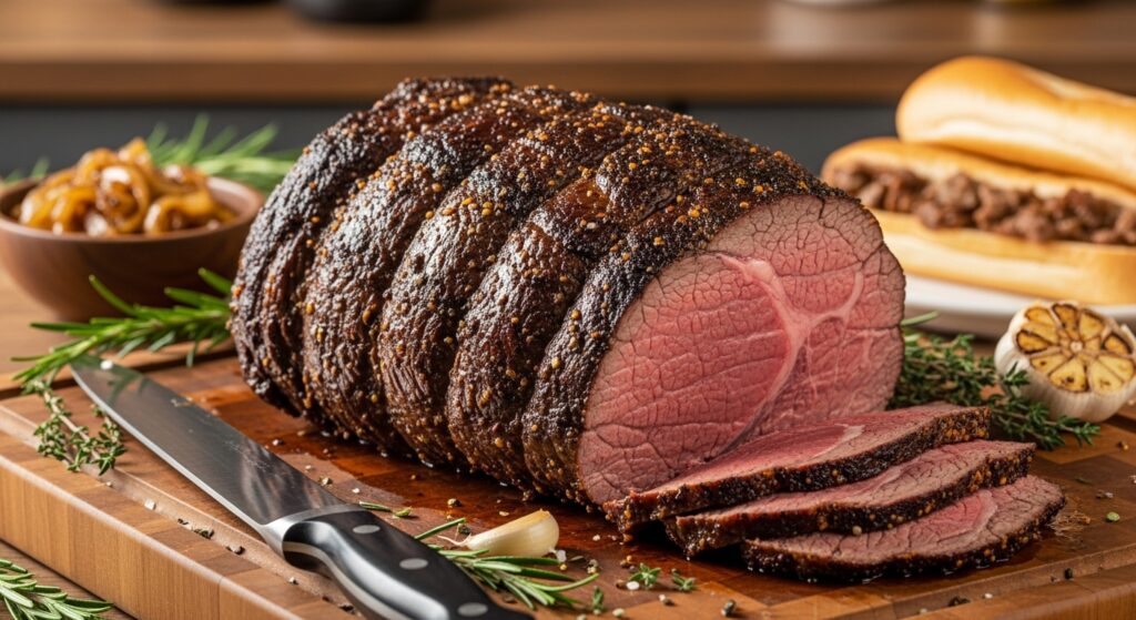 A whole piece of cooked leftover roast beef, ready to be thinly sliced for making Philly cheesesteaks.