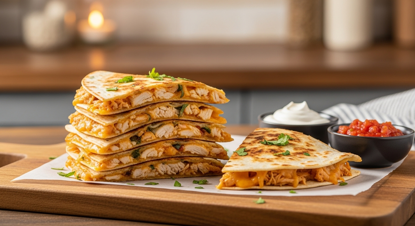 Alt text A stack of crispy 20-minute leftover chicken quesadillas on a cutting board, ready to serve.