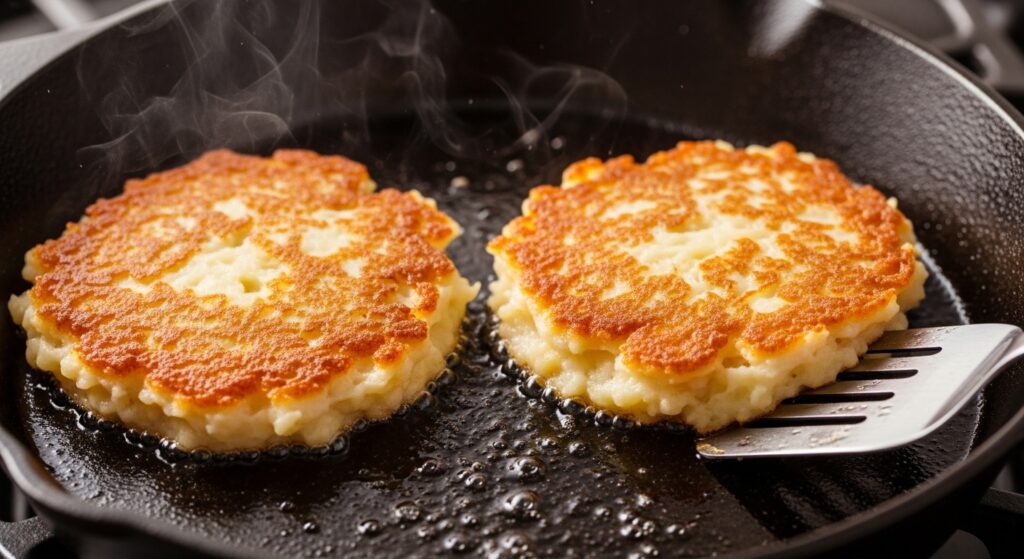  Crispy leftover mashed potato pancakes being pan-fried to a perfect golden brown.]