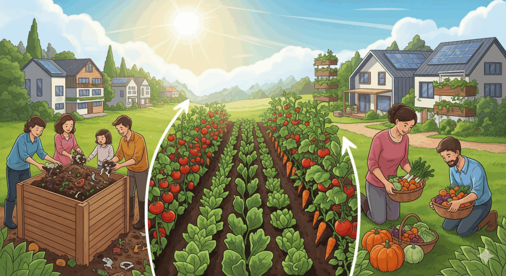 A beautiful landscape showing the Recipycle process. On the left, a famil