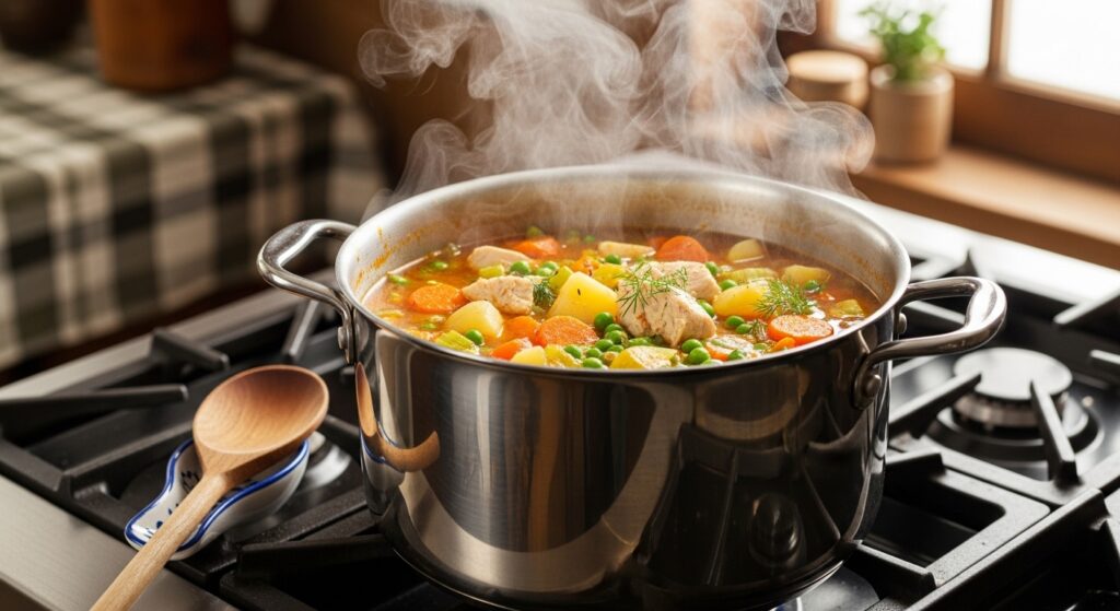 Healthy chicken and vegetable soup simmering in a large pot on the stove.