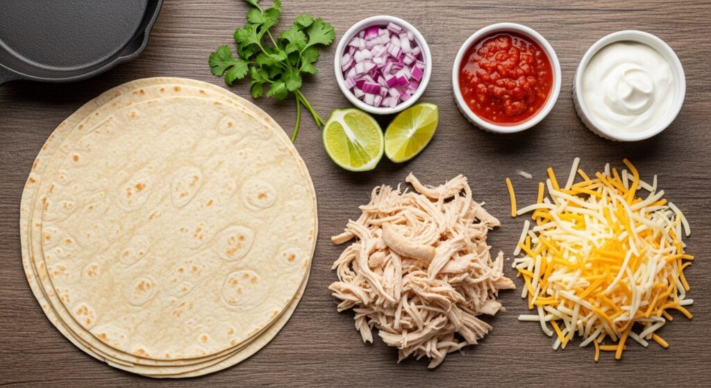 Ingredients for 20-minute chicken quesadillas, including shredded chicken, cheese, and tortillas.