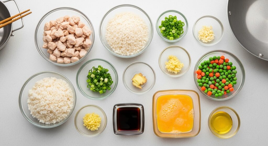 Prepped ingredients for leftover chicken fried rice laid out in small bowls on a counter.