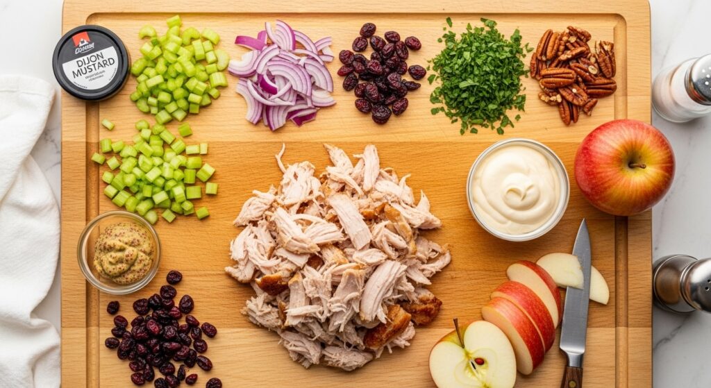 Prepped ingredients for making turkey salad with leftovers.