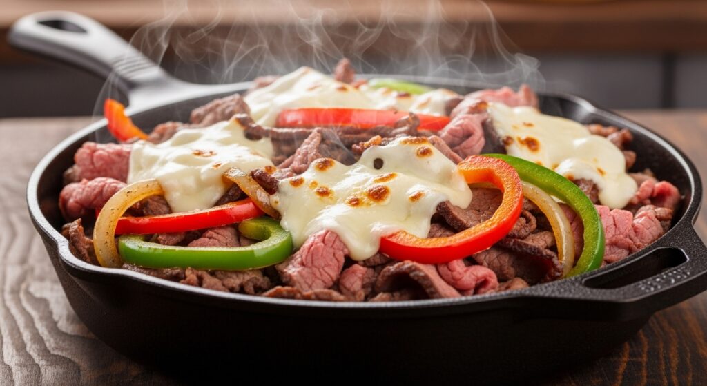 Provolone cheese slices melting perfectly over a sizzling mix of thinly sliced roast beef, onions, and peppers in a cast-iron skillet.