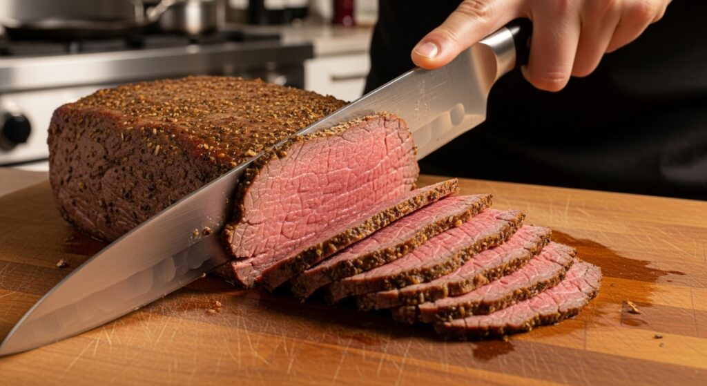 Slicing a chilled block of leftover roast beef into paper-thin pieces with a sharp knife for a Philly cheesesteak.