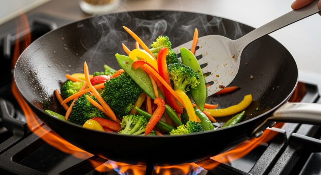 Stir-frying vegetables for easy chicken fried rice in a hot wok.