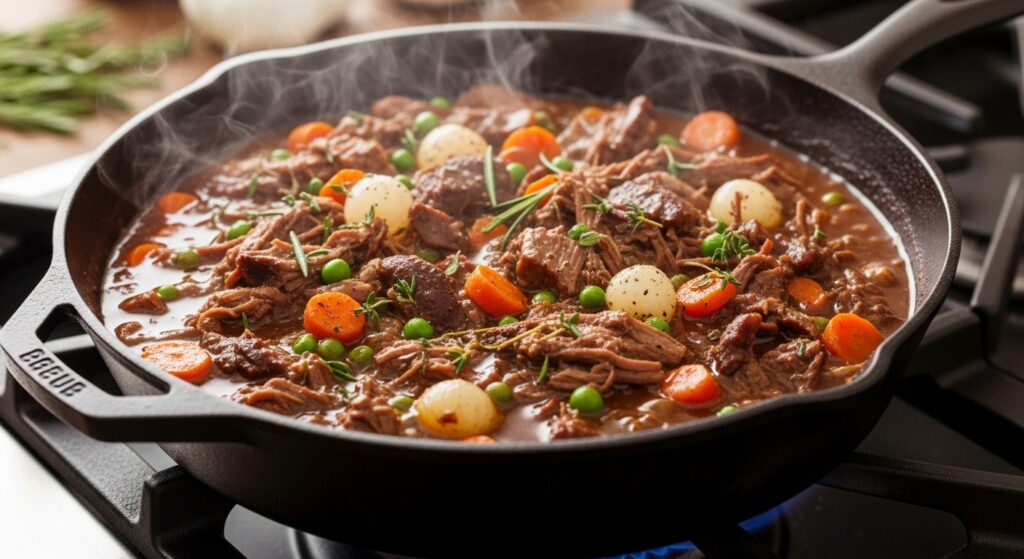 The rich and savory leftover brisket filling for Shepherd's Pie simmering in a skillet.