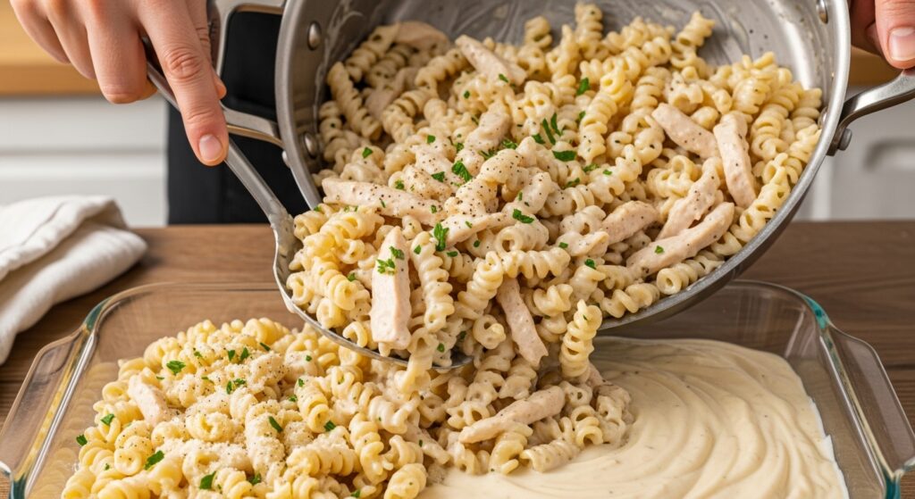 Transferring creamy chicken Alfredo pasta mixture into a baking dish.