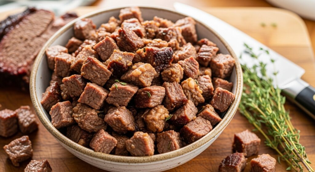 Chopped leftover beef brisket ready to be used in a Shepherd's Pie recipe