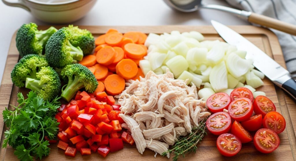 Freshly chopped vegetables and leftover chicken prepped for making a healthy soup.