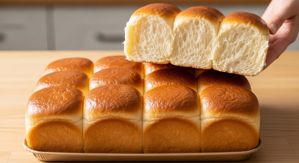 A 12-pack of Hawaiian rolls sliced in half horizontally, with the top slab set aside, ready for slider assembly.