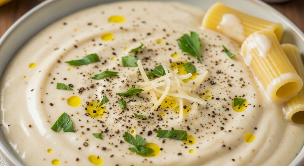 A close-up of a creamy, emulsified pasta sauce made using starchy leftover pasta water.