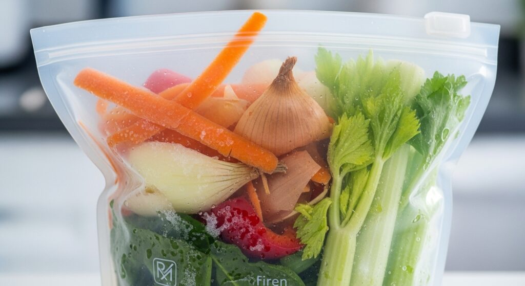A close-up of a reusable silicone freezer bag, half-full with colorful frozen vegetable scraps like carrot peels, onion skins, and celery tops for making broth.