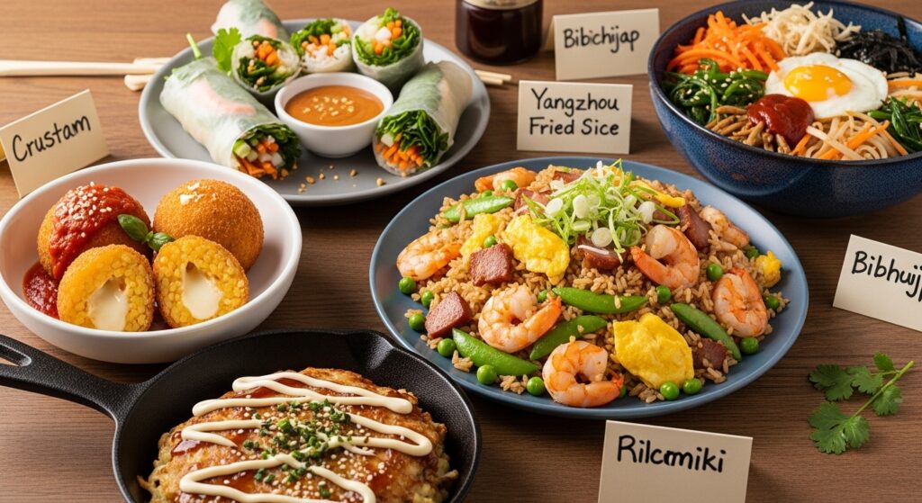 A collection of creative recipes made from leftover white rice, including fried rice and arancini