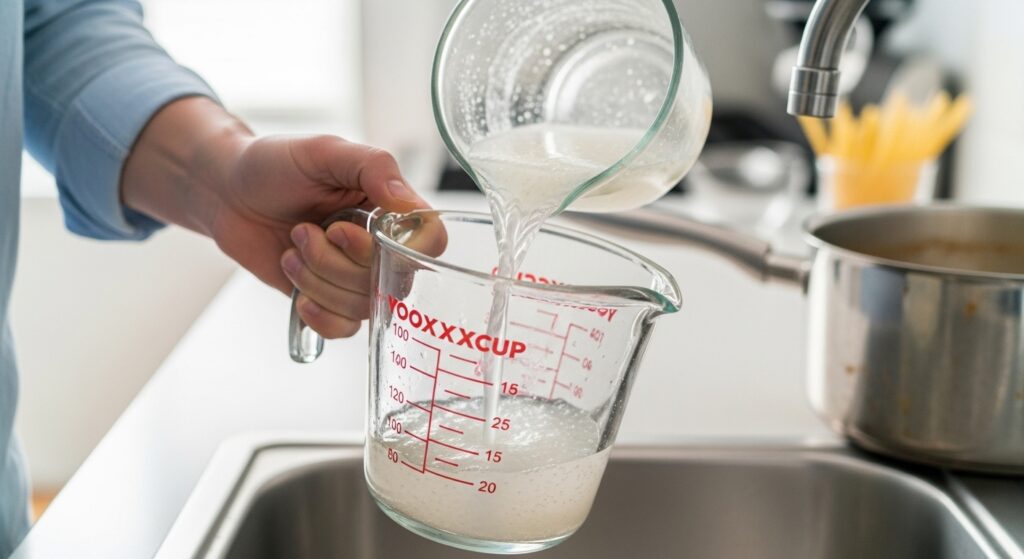 A hand saving cloudy, starchy leftover pasta water in a glass measuring cup, demonstrating a zero-waste cooking technique for using it in sauces.