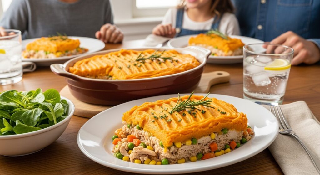 A healthy family meal of Thanksgiving leftover turkey shepherd's pie with a sweet potato topping.