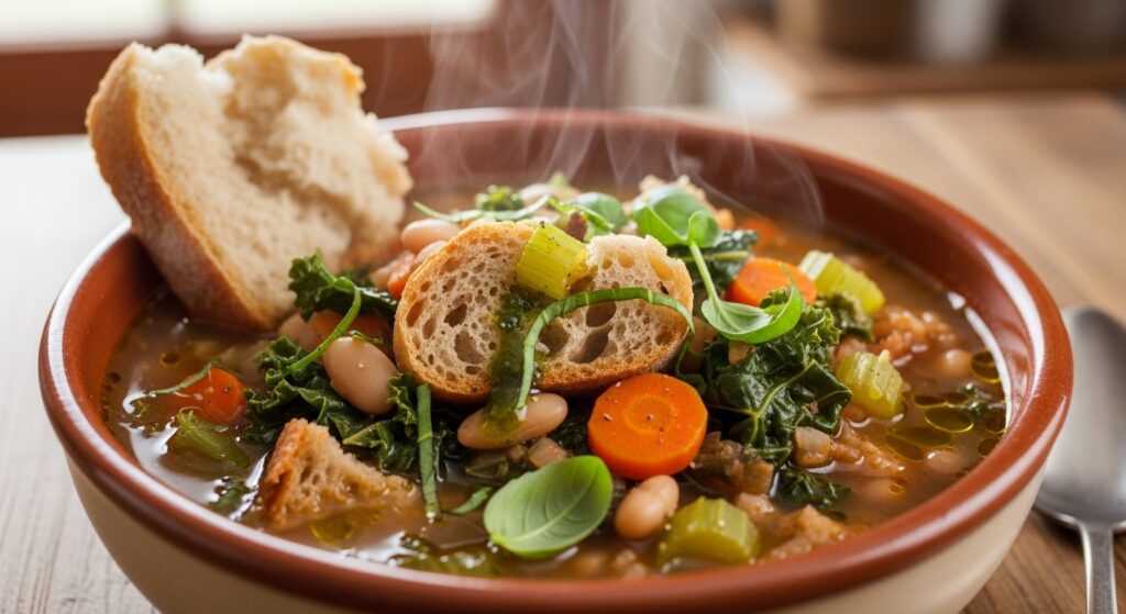 A hearty bowl of Tuscan Ribollita soup, a zero-waste recipe using stale bread and vegetables