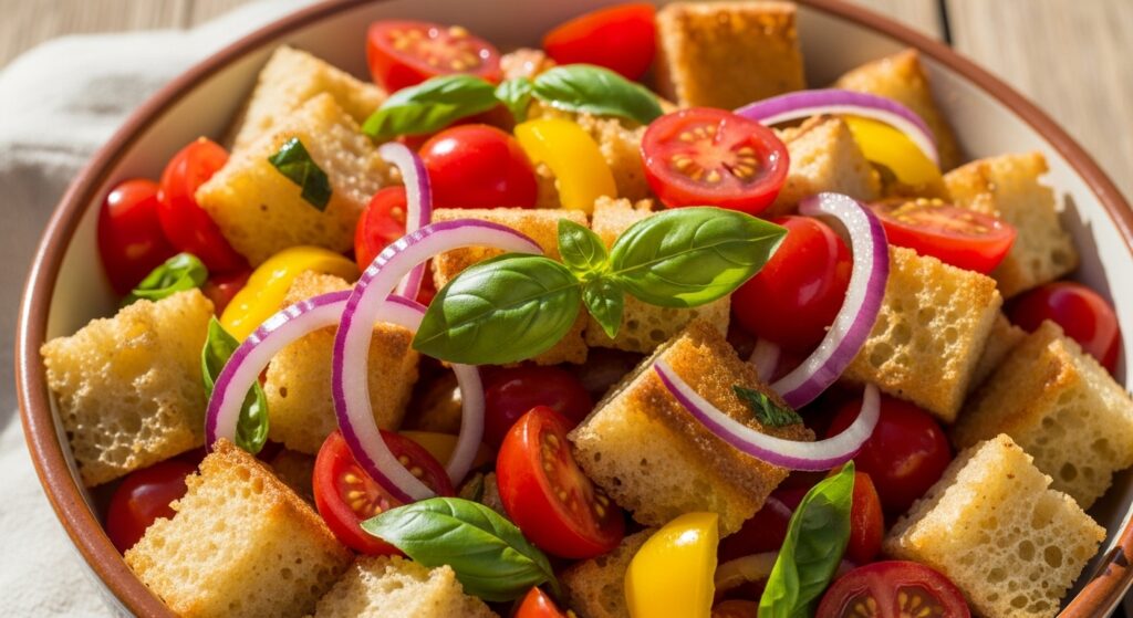 A rustic ceramic bowl of Panzanella (Tuscan bread salad) shot from above, filled with golden stale bread cubes, bright cherry tomatoes, and fresh basil, all glistening with olive oil.