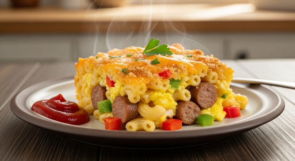 A serving of leftover mac and cheese breakfast casserole on a plate.
