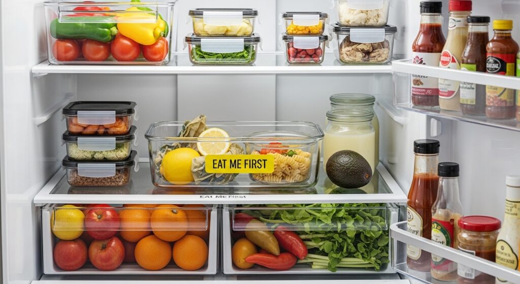 A shot of a well-organized refrigerator, clearly showing a labeled Eat Me First box with a few items in it (like half a lemon, a small container of leftovers).