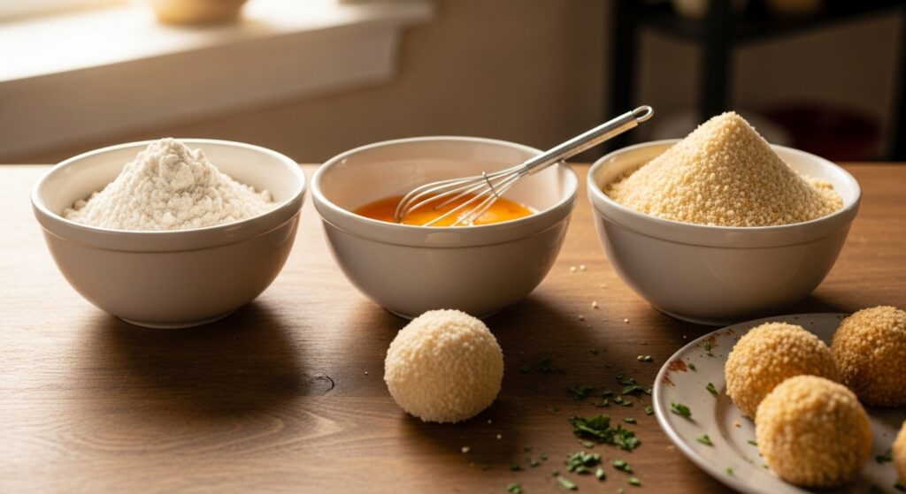  A three-step breading station with bowls of flour, egg, and Panko breadcrumbs ready for making mashed potato balls
