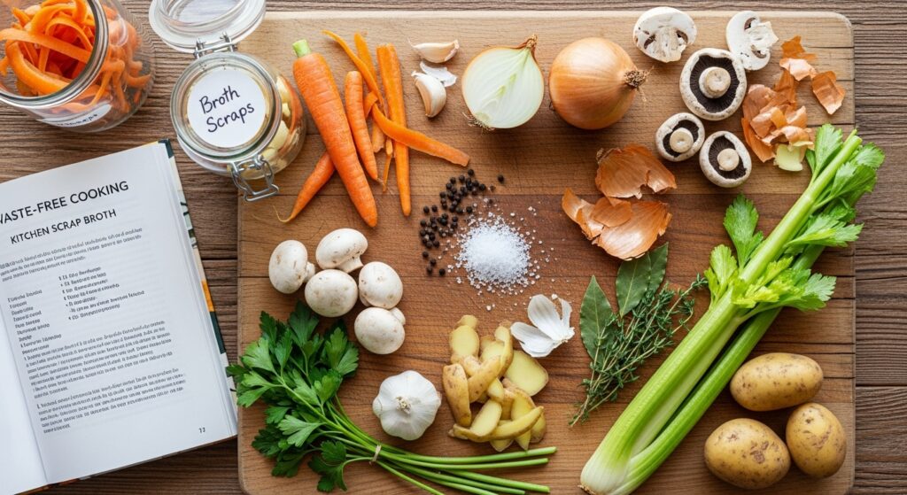 A top-down view of a clear jar of golden vegetable broth, surrounded by the colorful kitchen scraps like carrot peels and onion skins used to make it.