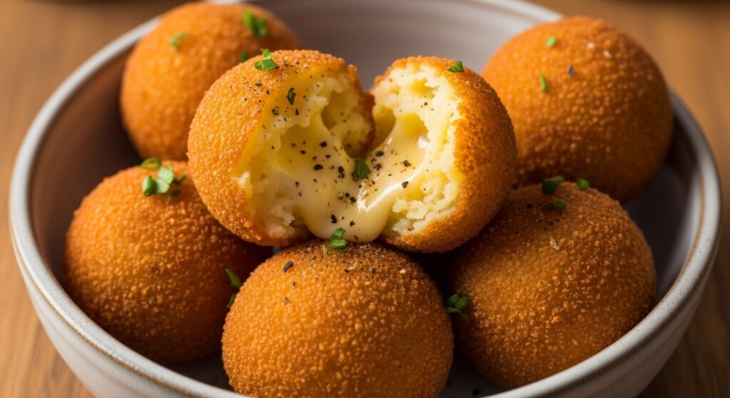 Alt Text A bowl of easy fried mashed potato balls with a visible, melted cheese center