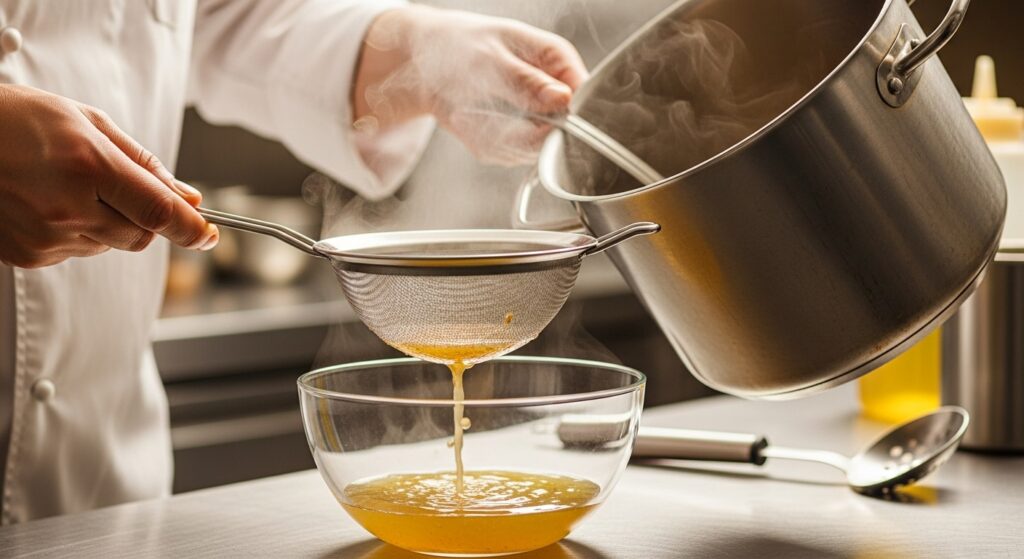 Alt Text Finished golden pork broth being poured through a fine-mesh sieve from a stockpot into a large glass bowl