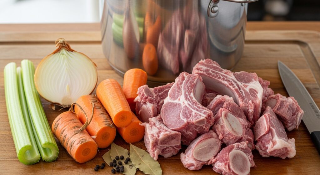 Alt Text Raw ingredients for pork broth on a wooden board a pile of leftover pork chop bones, a roughly chopped onion, carrot, and celery stalks next to a large stockpot.