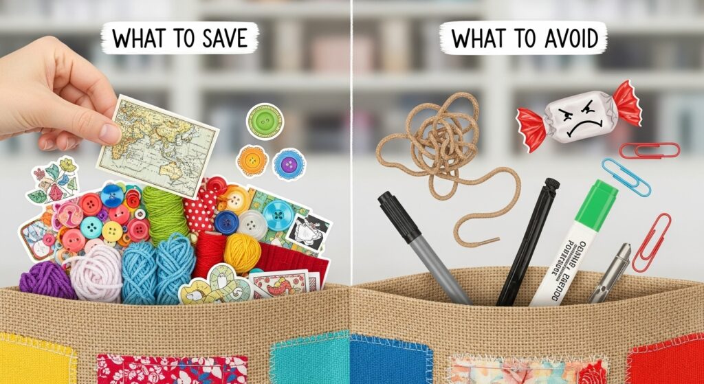 An open freezer bag filled with colorful vegetable scraps, such as onion skins, carrot peels, and celery ends, ready for making broth.