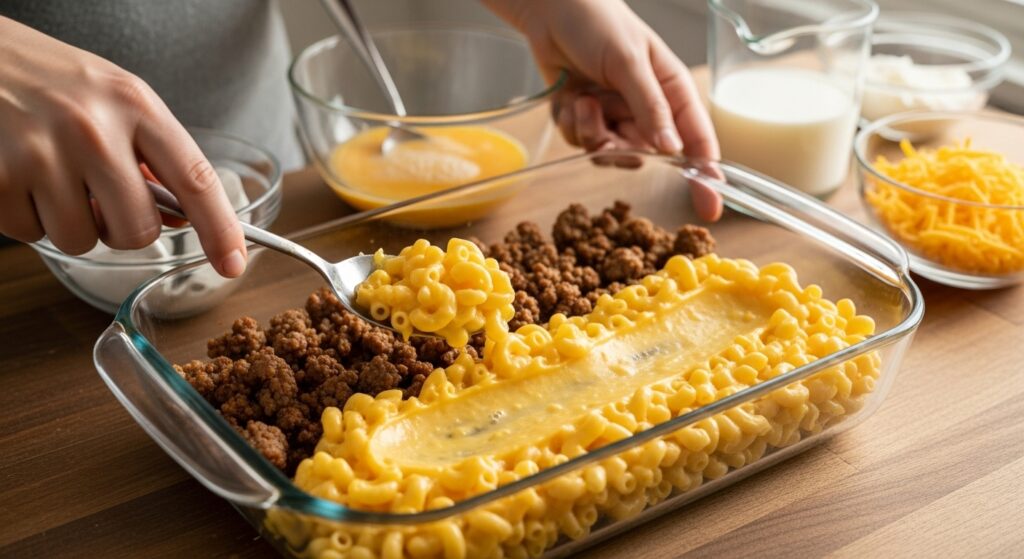 Assembling the breakfast casserole by layering leftover mac and cheese and cooked sausage in a baking dish.