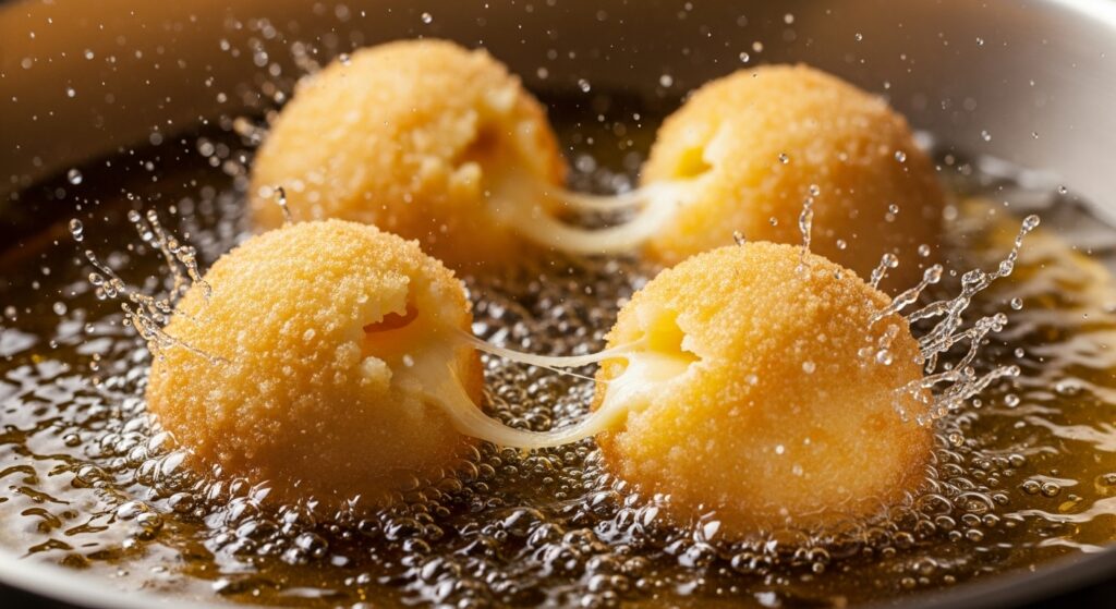 Cheesy mashed potato balls being fried in hot oil until crispy and golden.