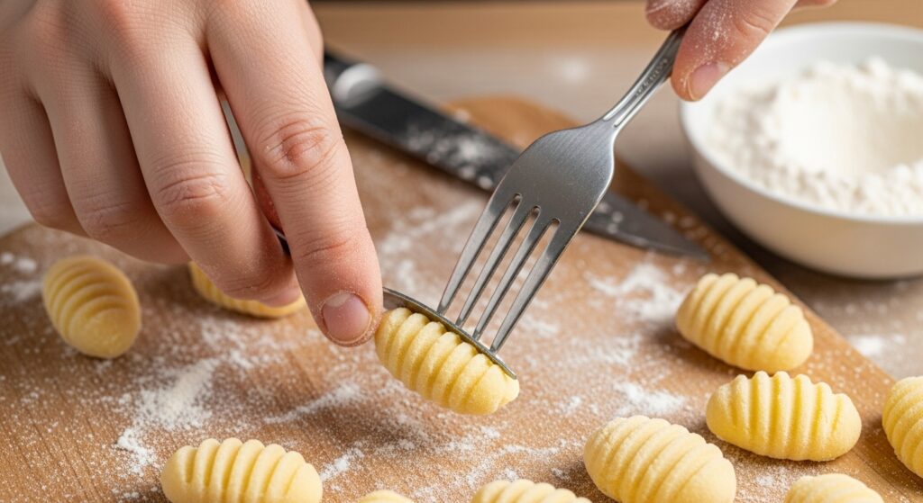 Creating ridges on homemade potato gnocchi using a fork.