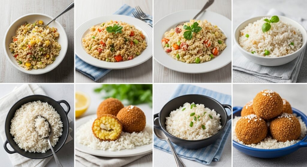 Crispy fried arancini made from leftover rice, with a gooey cheese pull.