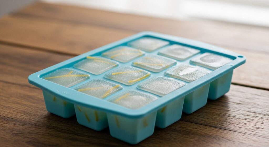Frozen cubes of leftover pasta water in a silicone ice cube tray, a zero-waste kitchen hack.