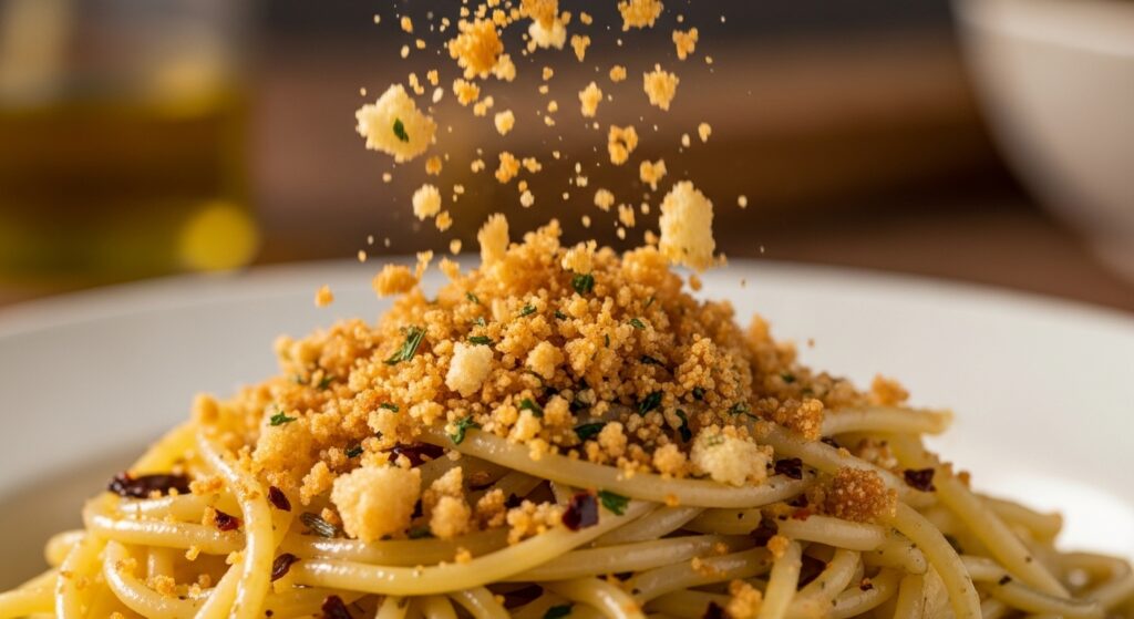 Golden, crispy pangrattato (poor man's parmesan) being sprinkled over a pasta dish for added texture.