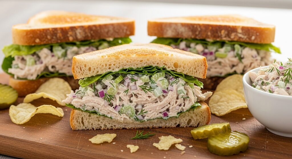 Homemade leftover roast chicken salad sandwiches on a cutting board.