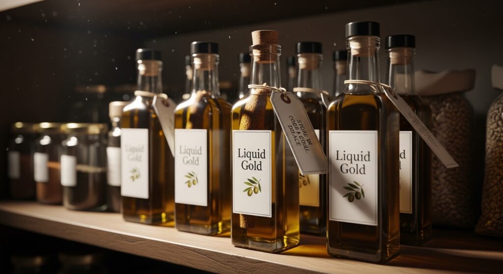 Homemade vegetable broth stored in glass jars and an ice cube tray inside a freezer.