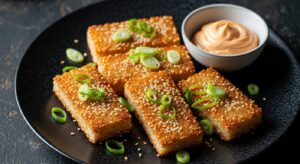 Main Image A beautifully styled shot of 3-4 finished Crispy Sesame Ginger Rice Cakes on a dark plate, garnished with fresh scallions and a small bowl of sriracha-mayo for dipping.