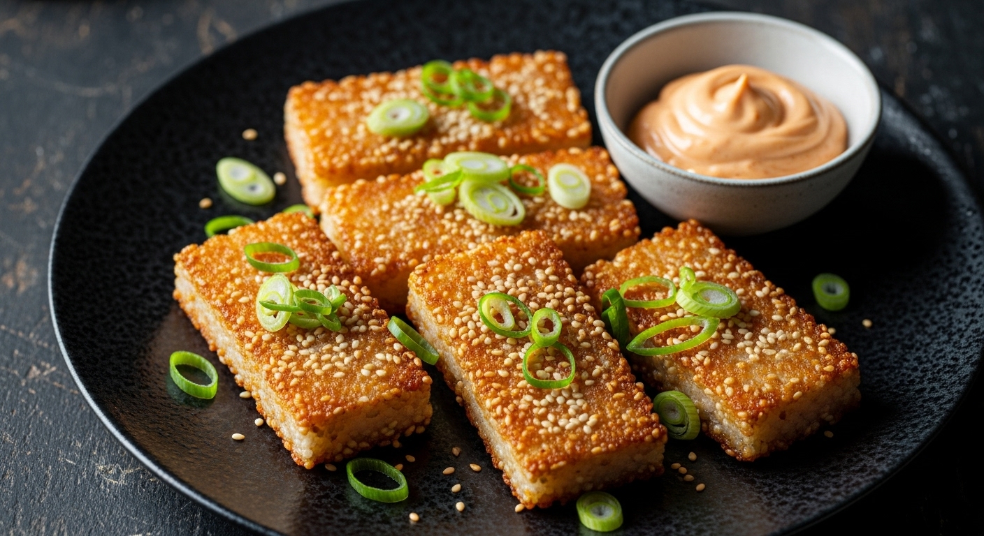 Main Image A beautifully styled shot of 3-4 finished Crispy Sesame Ginger Rice Cakes on a dark plate, garnished with fresh scallions and a small bowl of sriracha-mayo for dipping.